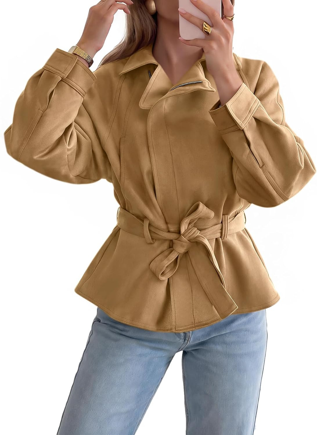 Tankaneo Womens Faux Suede Cropped Moto Jackets Zip Up Lapel Trench Coats | Amazon (US)