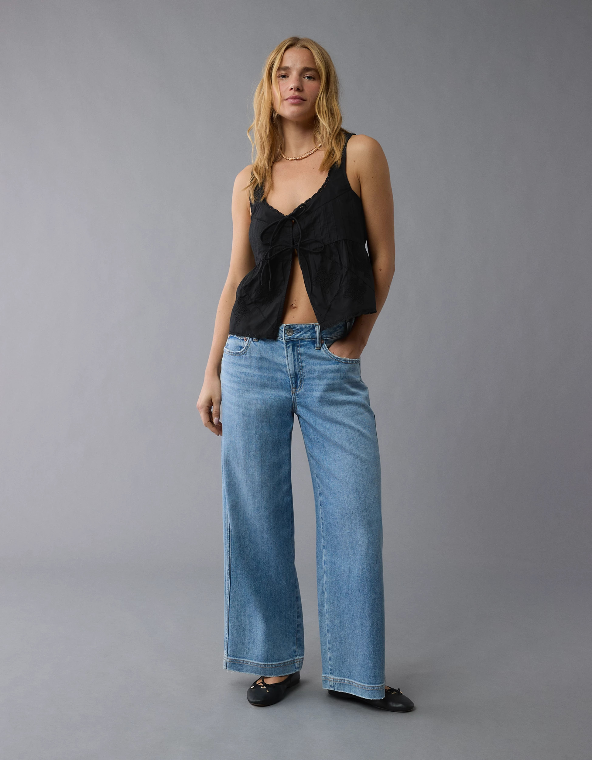 AE Tie Front Scoop Neck Flyaway Tank Top | American Eagle Outfitters (US & CA)