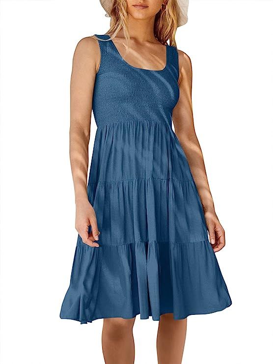 ANRABESS Women's Summer Sleevelesss Scoop Neck Smocked Ruffle Tiered Mini Tank Beach Dress | Amazon (US)