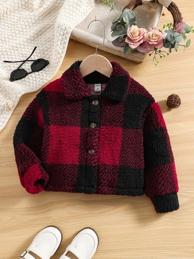 Kleinkind Mädchen Teddy Jacke mit Buffalo Plaid Muster, Drop Shoulder | SHEIN