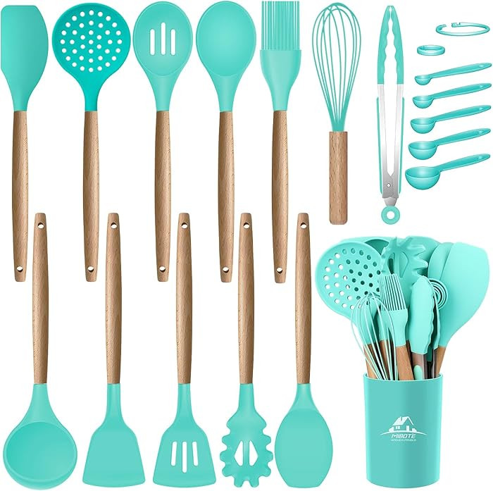 MIBOTE Silicone Cooking Kitchen Utensils Set with Holder, Wooden Handles Cooking Tool BPA Free Tu... | Amazon (US)