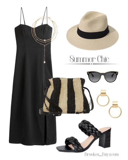 This black midi dress can be worn casual or dressed up. I love this straw bag and hat. Add your favorite sandal. #summerdress #summerfashion #sandals #strawbag

#LTKParties #LTKItBag #LTKShoeCrush