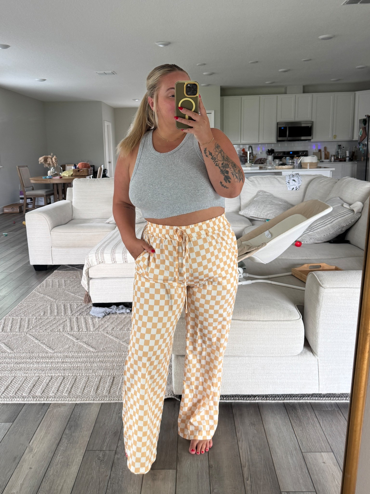Comfy but cute ✨ these checkered pants are giving laid-back but put-together vibes. Paired them with the softest cropped tank for the perfect casual day outfit 🫶 #OOTD #LTKstyle #LTKfit #LTKunder50 #LTKfinds #casualoutfit #momstyle #comfystyle #everydayoutfit #outfitinspo #casualchic #neutralstyle #easyoutfits #LTKtrending 

#LTKMidsize #LTKStyleTip #LTKFindsUnder50