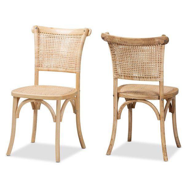 Baxton Studio Fields Mid-Century Modern Brown Woven Rattan and Wood 2-Piece Cane Dining Chair Set | Walmart (US)