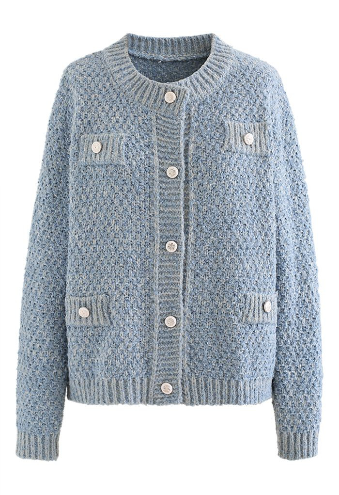 Sequins Trim Mohair Knit Cardigan in Blue | Chicwish