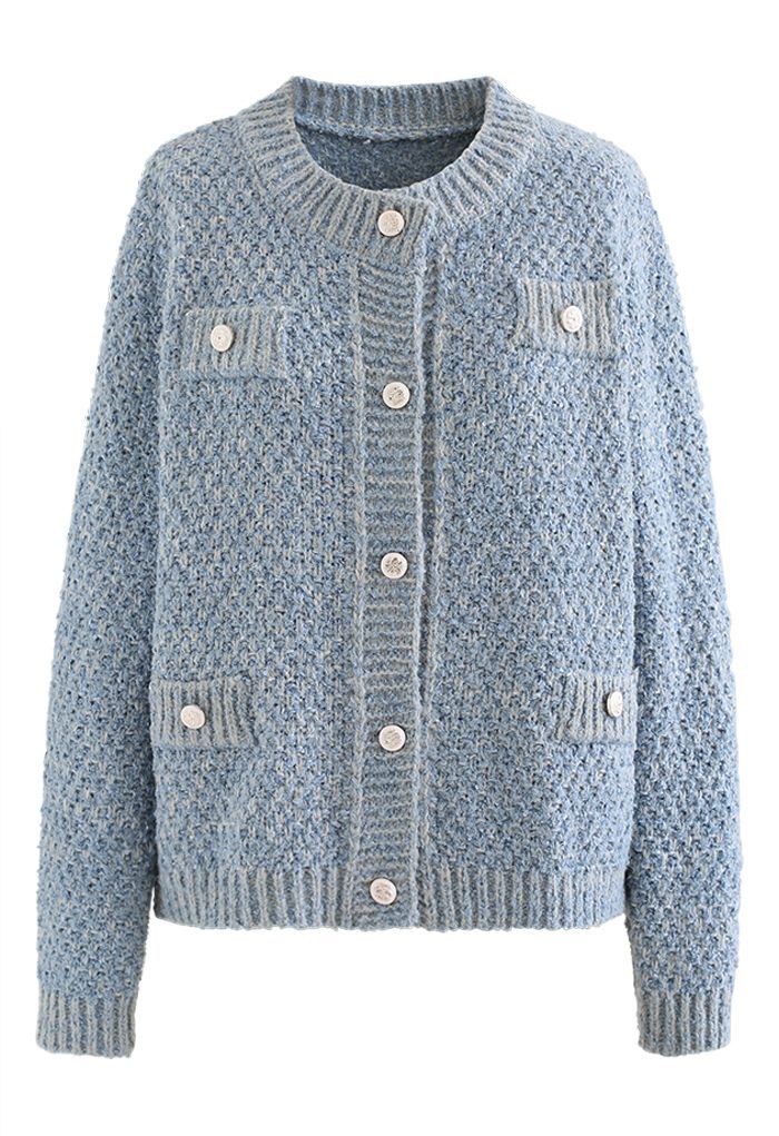 Sequins Trim Mohair Knit Cardigan in Blue | Chicwish