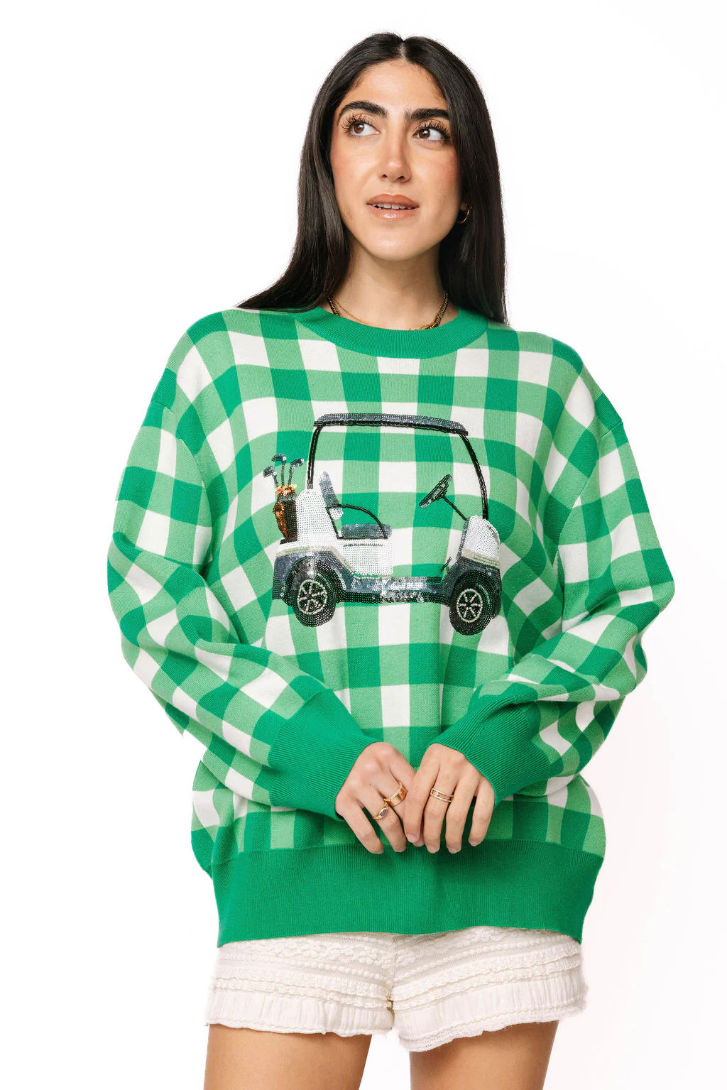 Green & White Checkered Golf Cart Sweater | Queen of Sparkles