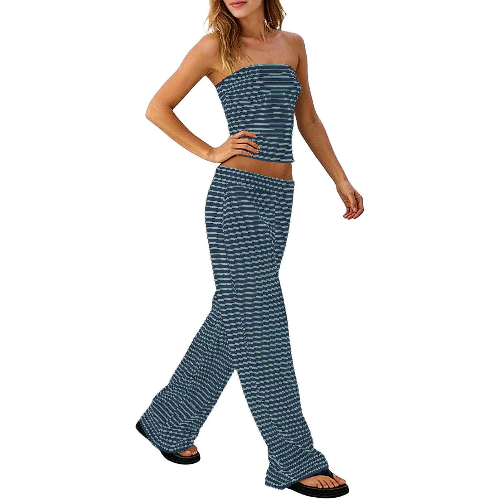 Womens Striped 2 Piece Sets Summer Strapless Crop Tube Tops Wide Leg Pants Matching Loungewear Se... | Walmart (US)