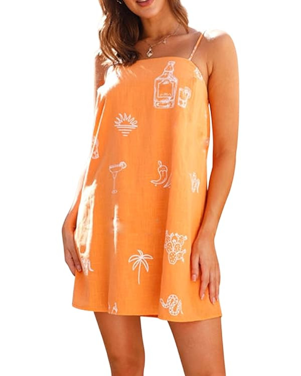 Women Boho Mini Cami Dress Graffiti Spaghetti Strap Aline Fruit Dress Cute Colofrul Short Beach S... | Amazon (US)