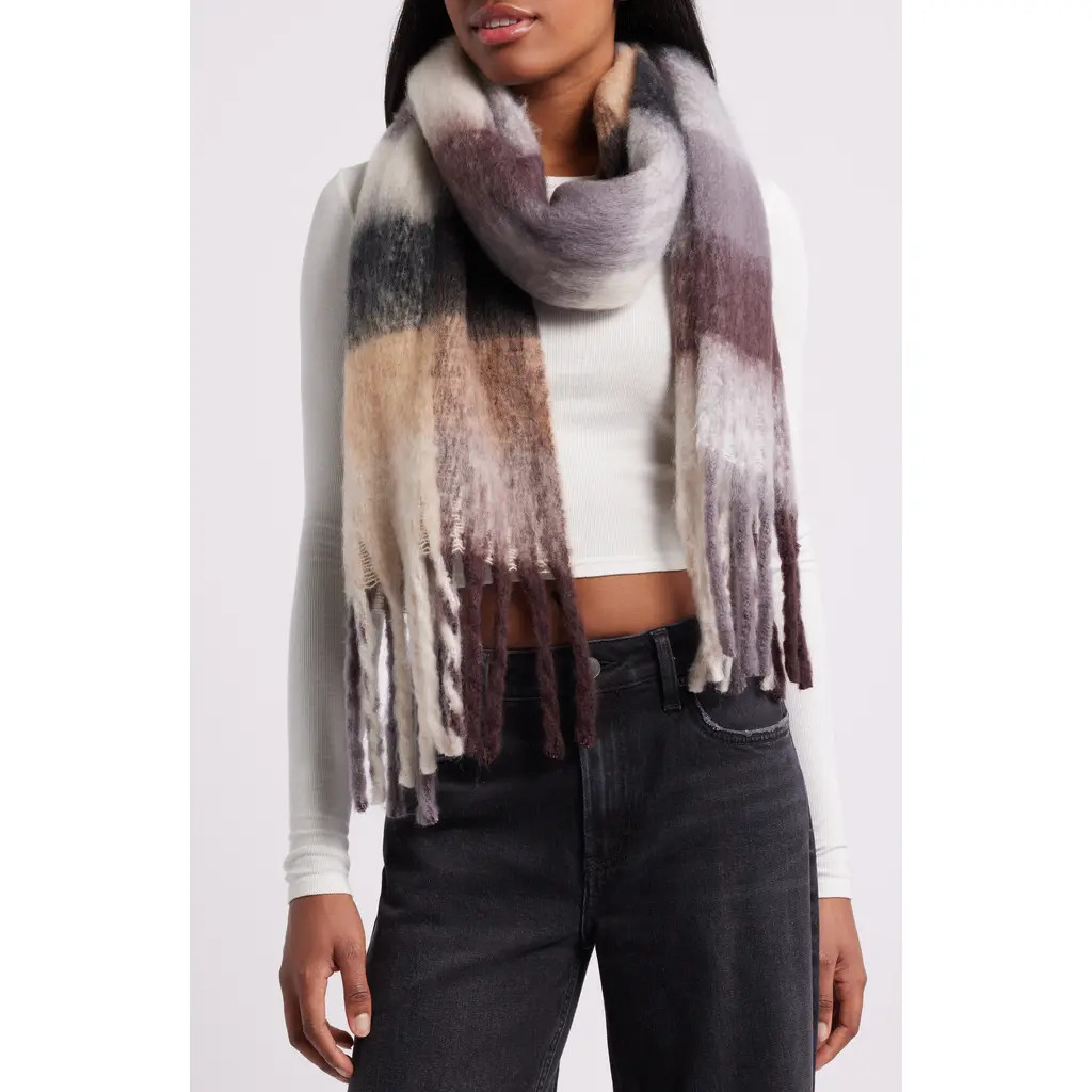 BP. Fringe Blanket Scarf in Brown Plaid at Nordstrom | Nordstrom