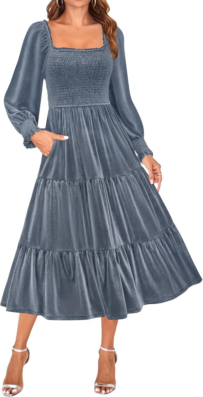 ZESICA Women’s Velvet Long Sleeve Dresses Fall Square Neck Smocked Ruffle A Line Flowy Midi Dre... | Amazon (US)