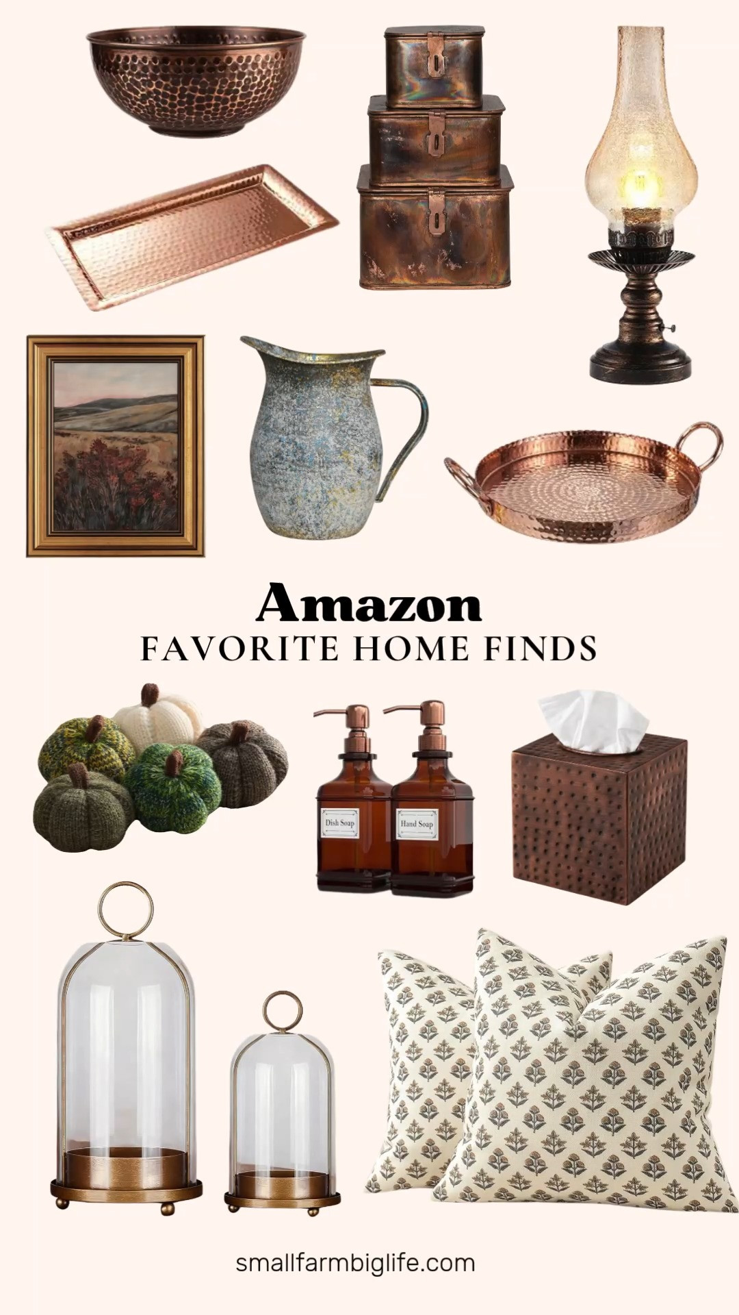 Warm metallics are having a major moment in home decor this fall, and this lineup leans hard into copper, brass, and antique finishes for a cozy, farmhouse feel. The Creative Co-Op burnt copper decorative boxes and the hand hammered copper display tray both bring that rich, handcrafted look to a coffee table or shelf.

Small styled touches make a big difference too. The cozy mini knit pumpkins are perfect for filling a bowl or tray, and the rust copper farmhouse floral pillow covers add a soft, seasonal layer to a sofa or bed. The blue grey and gold rustic pitcher vase is a beautiful piece for fresh or faux florals on a console table or mantle.

For lighting and ambiance, the brass dome hurricane candle holder and the amber glass cordless table lamp both bring warm, vintage inspired glow to any room, and the cordless lamp is touch dimmable with no wiring needed. The antique copper tissue box cover and the hammered copper bathroom tray are easy ways to bring that same warm metallic finish into a bathroom or vanity space.

In the kitchen, the hammered copper mixing bowl doubles as function and decor, and the brushed copper soap dispensers are a simple upgrade for any sink. Finish the space with the vintage wildflower framed canvas art for a moody, cottagecore touch on any wall.

#amazonhome #falldecor #amazonfinds #cottagecore #fallhome 

 #LTKSeasonal #LTKHome