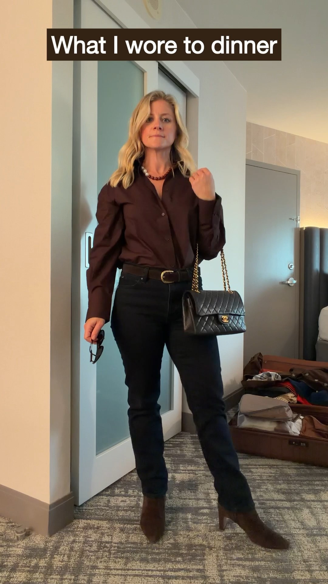 Dinner at STK Steakhouse 🍷
Wearing a chocolate poplin button-down with straight-leg denim, suede boots, and my Chanel bag. I added a statement necklace to finish the look with a touch of texture and polish.

📍STK Steakhouse, San Diego — modern vibe, amazing steak, and cocktails worth staying for.

#LTKSeasonal #LTKStyleTip #LTKPetite