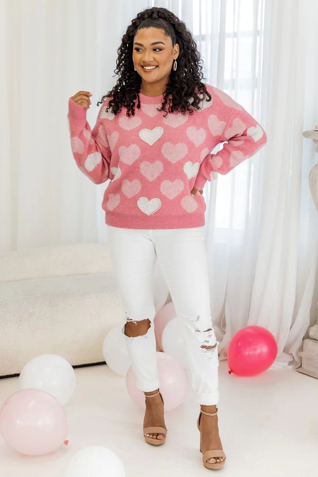 That Loving Feeling Pink Heart Pearl Detail Sweater | Pink Lily