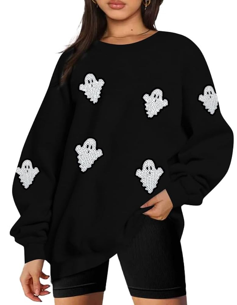 Women Halloween Sweatshirt Oversized Sequin Ghost Shirts Spooky Season Halloween Sweater Crewneck... | Amazon (US)