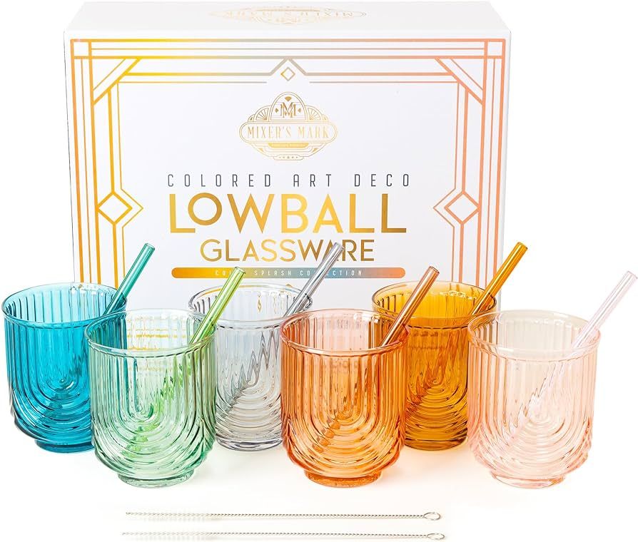 Handmade Colorful Lowball Glasses - 12 Oz Art Deco Cocktail Glasses Set of 6 with Straws & Straw ... | Amazon (US)