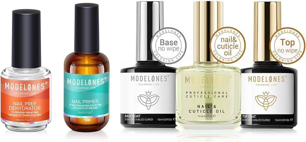 modelones 5Pcs Nail Primer & Nail Dehydrator with No Wipe Base Top Coat and Cuticle Oil Set | Amazon (US)