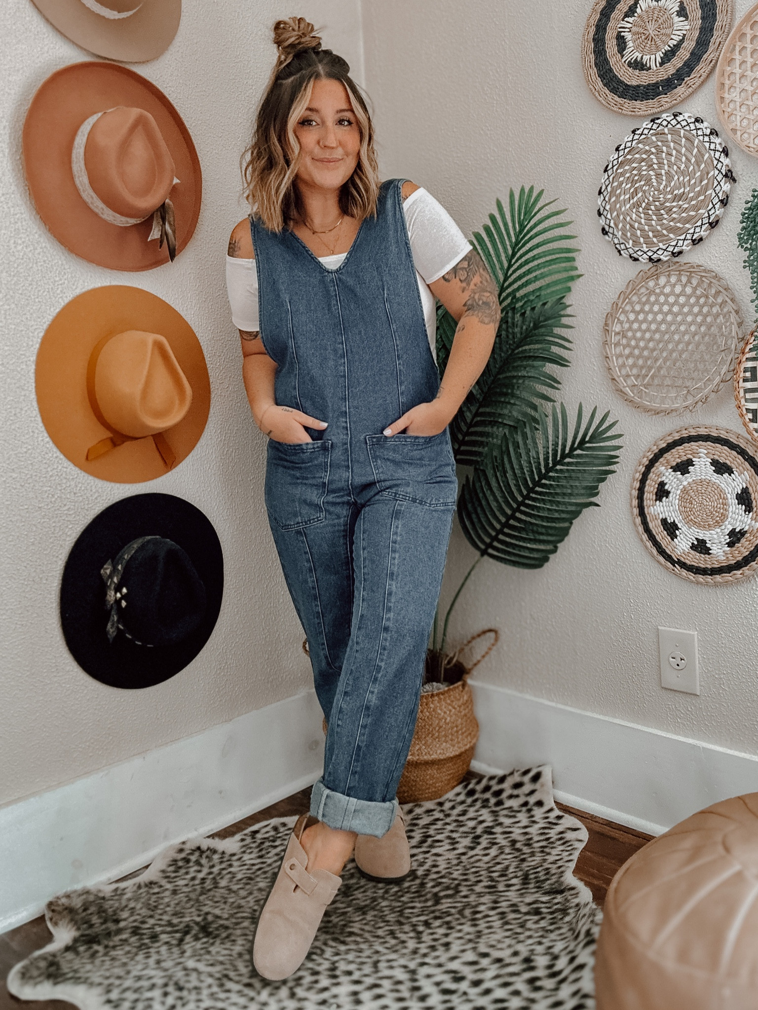 Summer to fall transition outfit! 🌞🍁 FP denim jumpsuit alternative. Jumpsuit - medium // off the shoulder white top - medium // clogs (Birkenstock alternative) TTS

#LTKBacktoSchool #LTKSeasonal #LTKFind