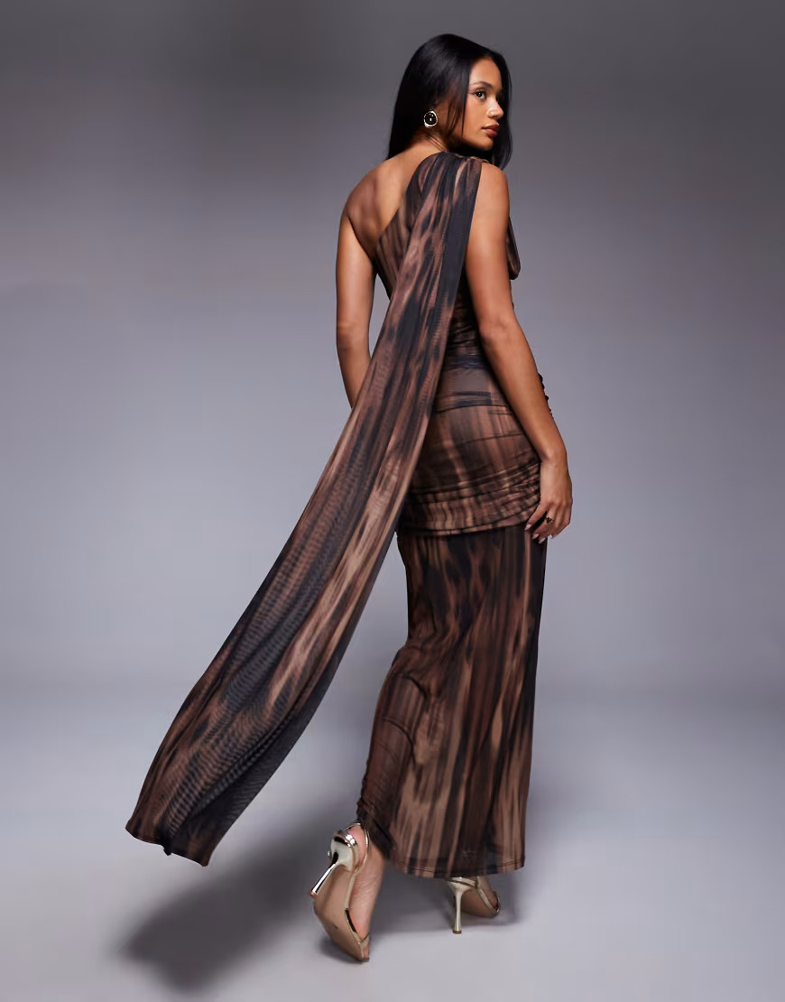 ASOS DESIGN printed mesh asymmetric ruched maxi dress with drape in animal print-Multi | ASOS (Global)