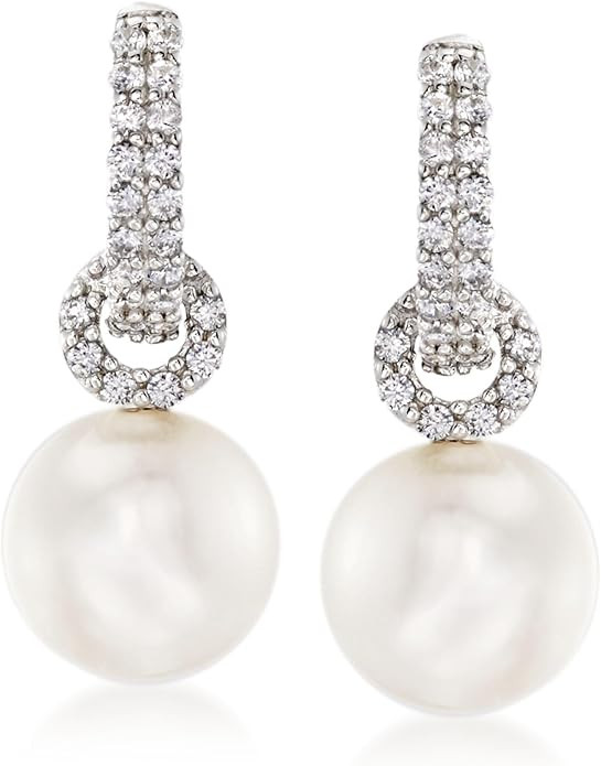 Ross-Simons Cultured Pearl and 50 ct. t.w. CZ Hoop Drop Earrings in Sterling Silver | Amazon (US)
