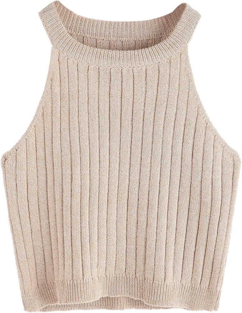 SweatyRocks Women's Knit Crop Top Ribbed Sleeveless Halter Neck Vest Tank Top (Small, Apricot) | Amazon (US)