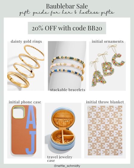 BaubleBar 20% off with code BB20 right now!! These are my picks for great hostess gifts or gifts for her this holiday season. Dainty gold rings, stackable bracelets, initial Christmas ornament, personalized phone case, travel jewelry case, initial throw blanket. 

#LTKGiftGuide #LTKHoliday #LTKsalealert