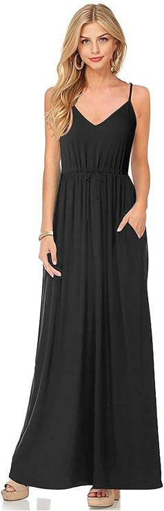 HUSKARY Womens Sleeveless V Neck Spaghetti Strap Pockets Beach Boho Tropical Summer Maxi Dress | Amazon (US)