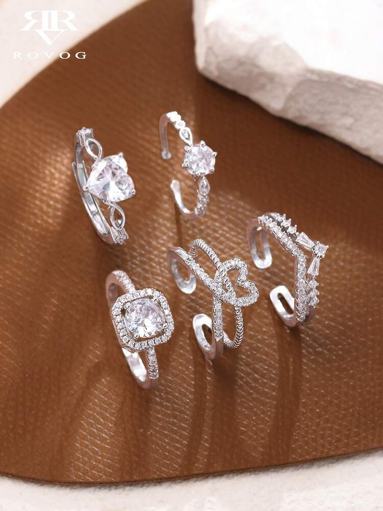 5pcs Elegant High-End Geometric Heart Shape Copper Material Synthetic Cubic Zirconia Women's Rings Set, Suitable For Party, Wedding, Holiday, Gift | SHEIN