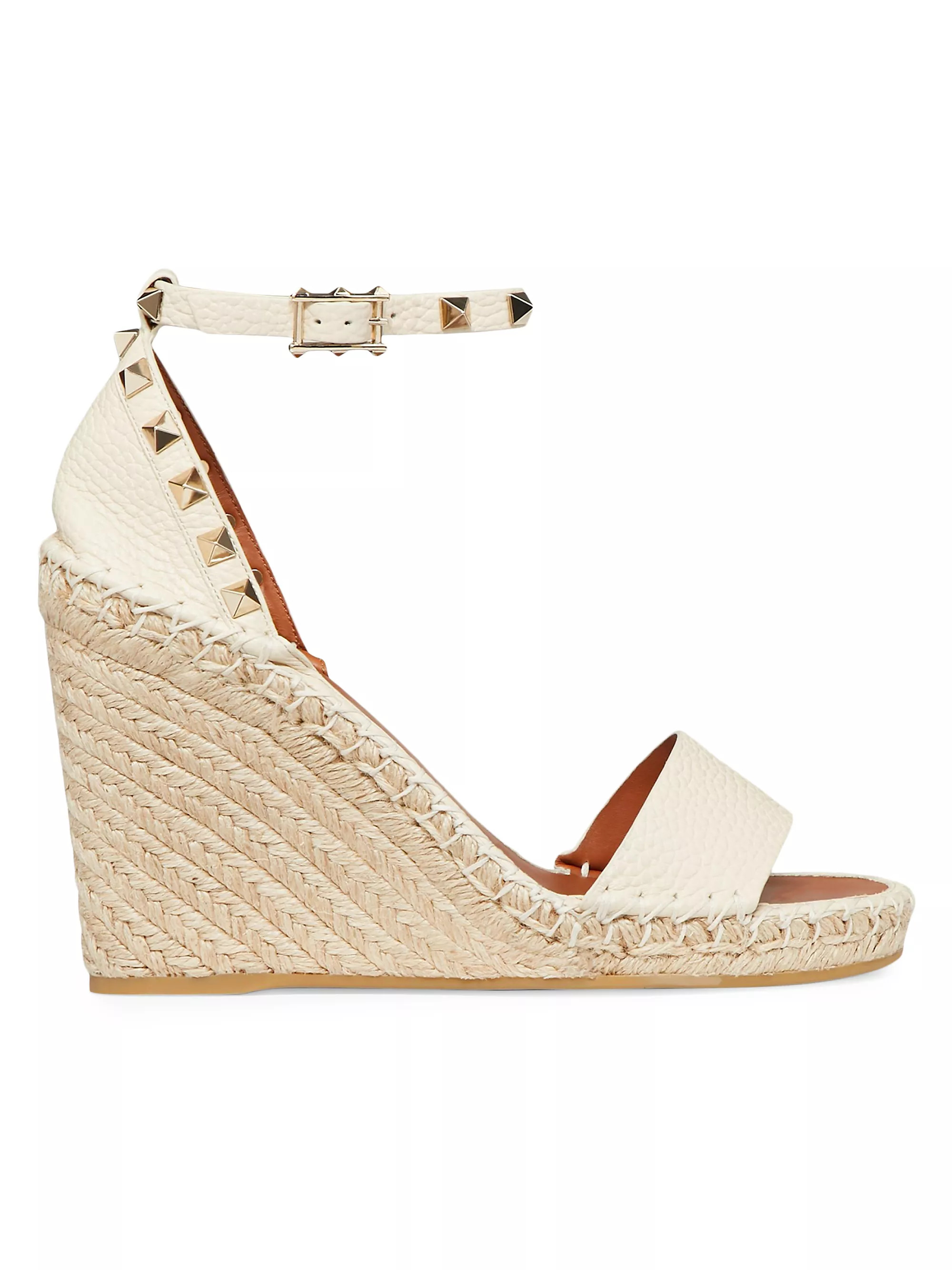 Valentino GaravaniDouble Rockstud Grainy Calfskin Wedge Sandals 105 mm | Saks Fifth Avenue