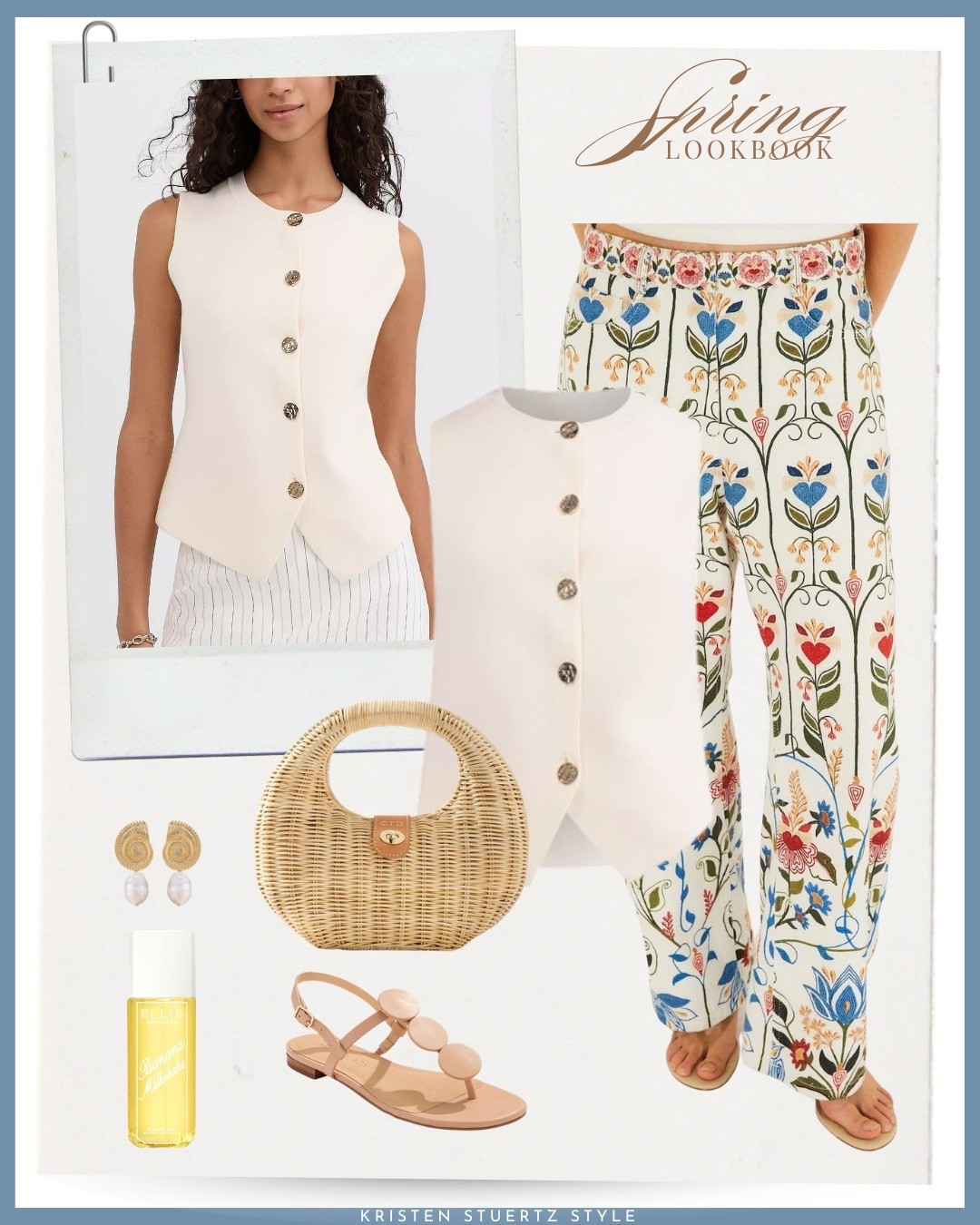 
A pants outfit for spring. I’ve paired these wide leg floral pants from Farm Rio with a button up vest from Loft, Jack Roger’s flat sandals, Mark and Graham wicker bag, and Ettika earrings. 


@ltk 

#date night outfits #spring outfits 2026  #vacation outfits beach #ltkshoecrush

#LTKTall #LTKootd #LTKOver40

#LTKootd #LTKOver40 #LTKTall

#LTKootd #LTKOver40 #LTKTall