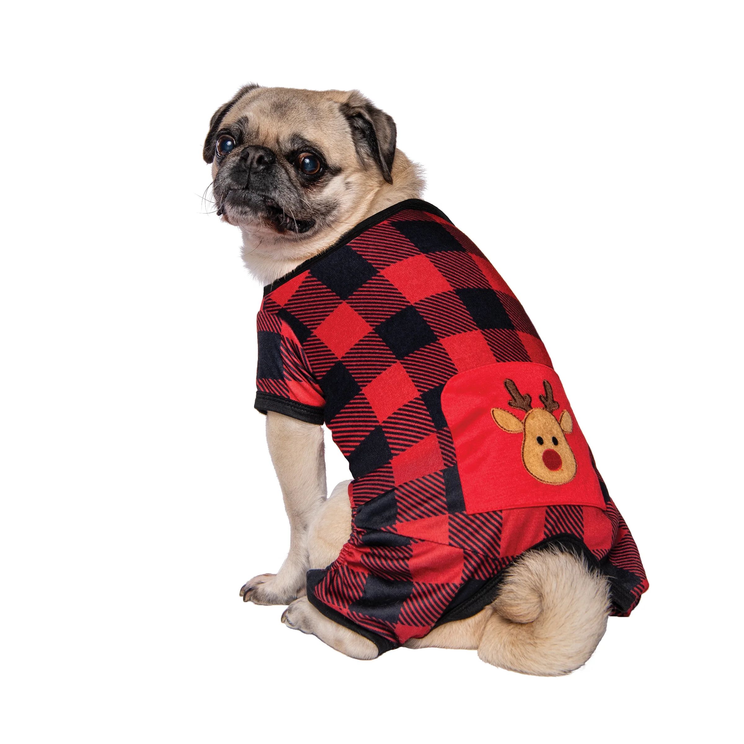 Holiday Time Knit Jersey Pajamas for Pets, Buffalo Plaid with Reindeer Applique, Size Small | Walmart (US)