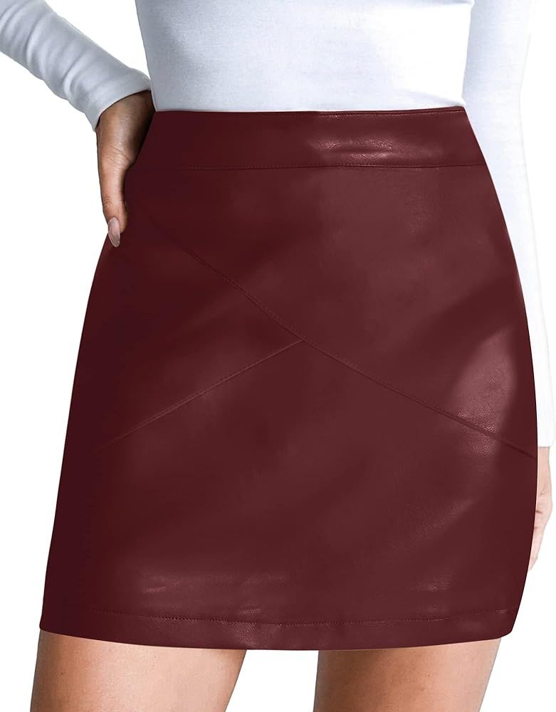 MANGOPOP Women Basic High Waisted Mini Short Pencil Bodycon Faux Leather Skirt | Amazon (US)