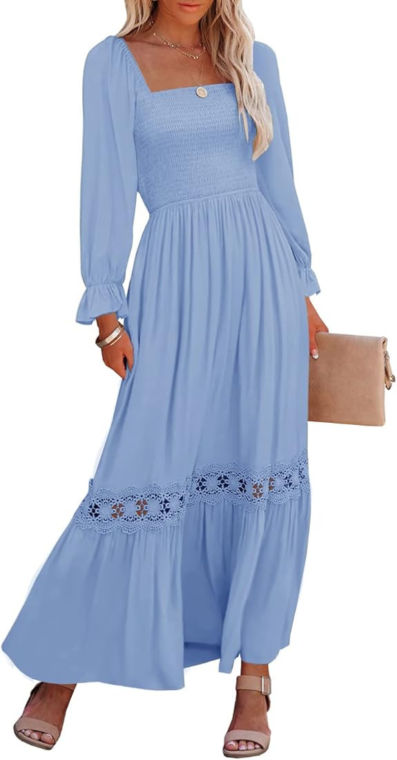 Ferlema Womens Boho Square Neck Ruffle Long Sleeve Lace Trim Casual A Line Flowy Long Maxi Dress ... | Amazon (US)