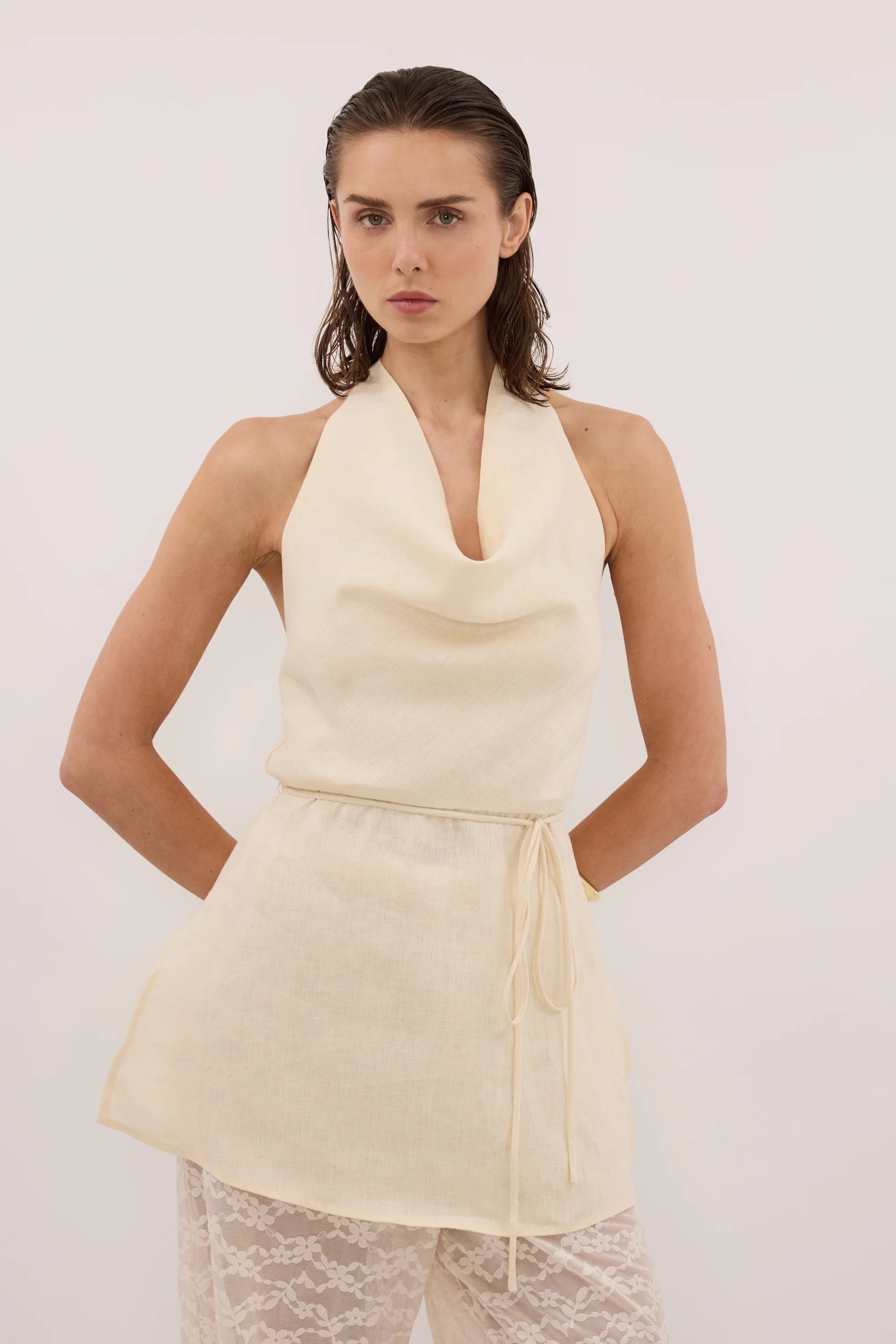 HAYLEE STRAW LINEN COWL TOP | DISSH