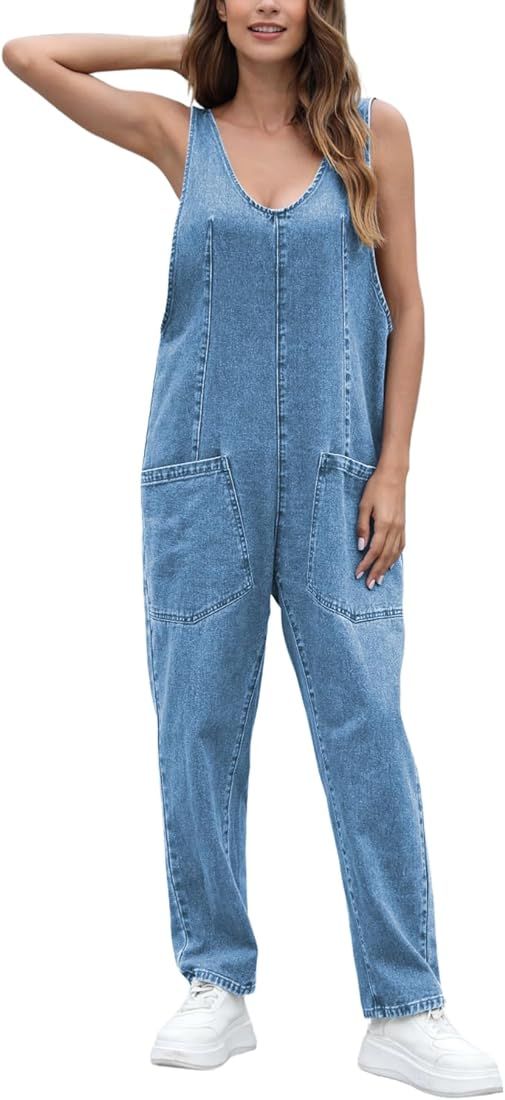 High Roller Denim Jumpsuits for Women Casual Sleeveless Loose Baggy Overalls Jeans Pants Jumpers wit | Amazon (US)