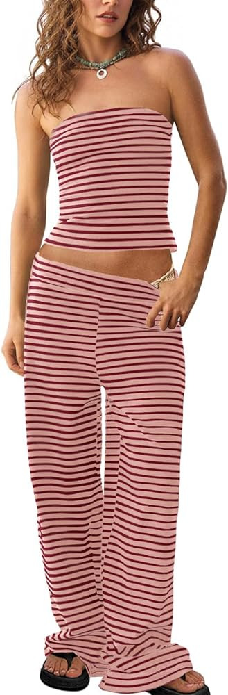 Tankaneo Womens Striped 2 Piece Sets Summer Strapless Crop Tube Tops Wide Leg Pants Matching Loun... | Amazon (US)