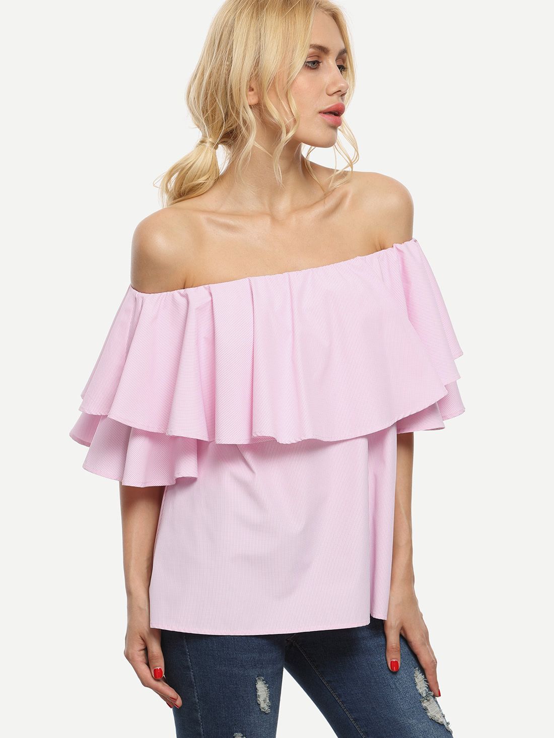 Pink Off The Shoulder Ruffle Blouse | SHEIN