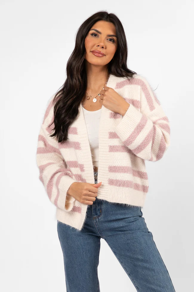 Made My Change Mauve and Cream Fuzzy Striped Cardigan SALE | Pink Lily