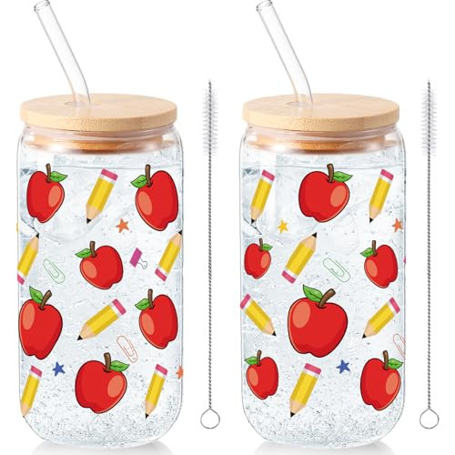 Sliner 2 Pcs Teacher Glass Cups Teacher Appreciation Gifts Iced Coffee Tumbler with Lid Straw End of Year Gifts for Teachers Students, 16 oz Pencil and Apple Drinking Glasses | Amazon (US)
