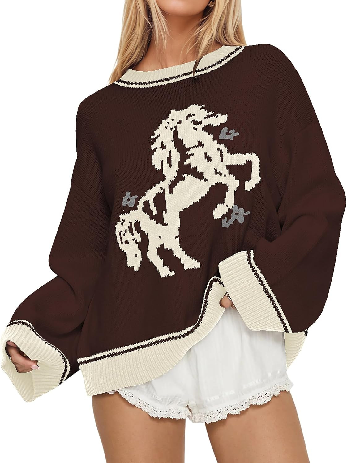 Women Oversized Horse Sweater Y2k Graphic Knit Pullover Long Sleeve Crewneck Aesthetic Horse Sweater Tops | Amazon (US)