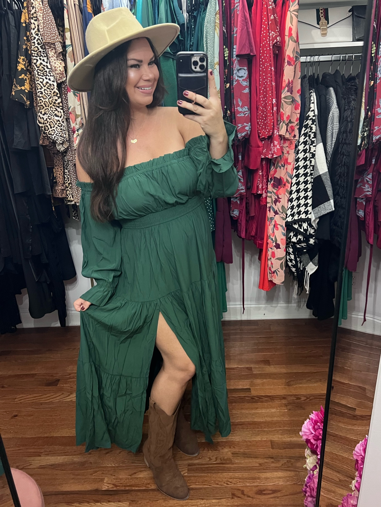 Women’s fall fashion. Maxi dress. Long sleeve off shoulder dress. Green dress. Holiday dress. Family photo dress. Hat. Boots. Thanksgiving outfit. 

#LTKshoecrush #LTKfindsunder50 #LTKSeasonal