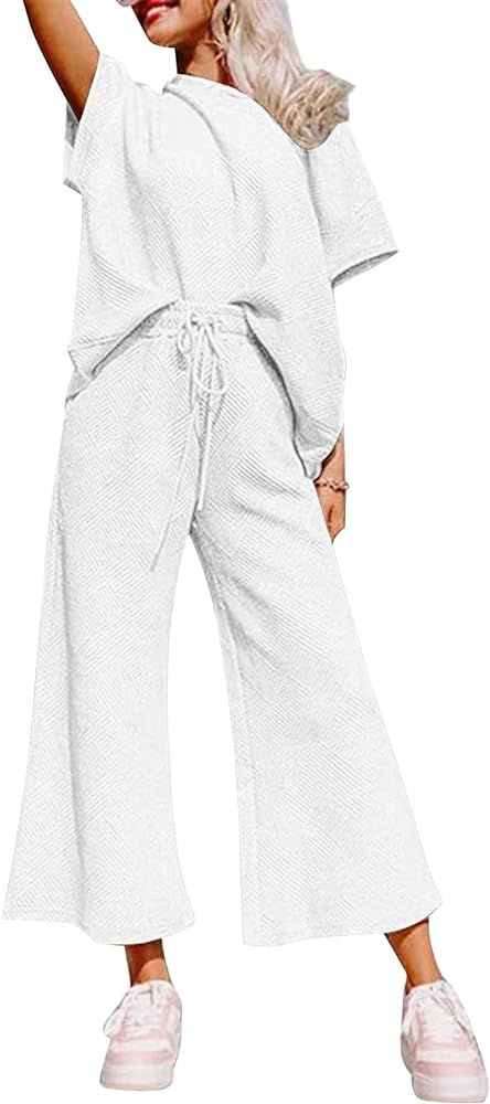 Lounge Sets for Women 2 Piece Outfits Knit Short Sleeve Pullover Tops and Wide Leg Pants Summer L... | Amazon (US)