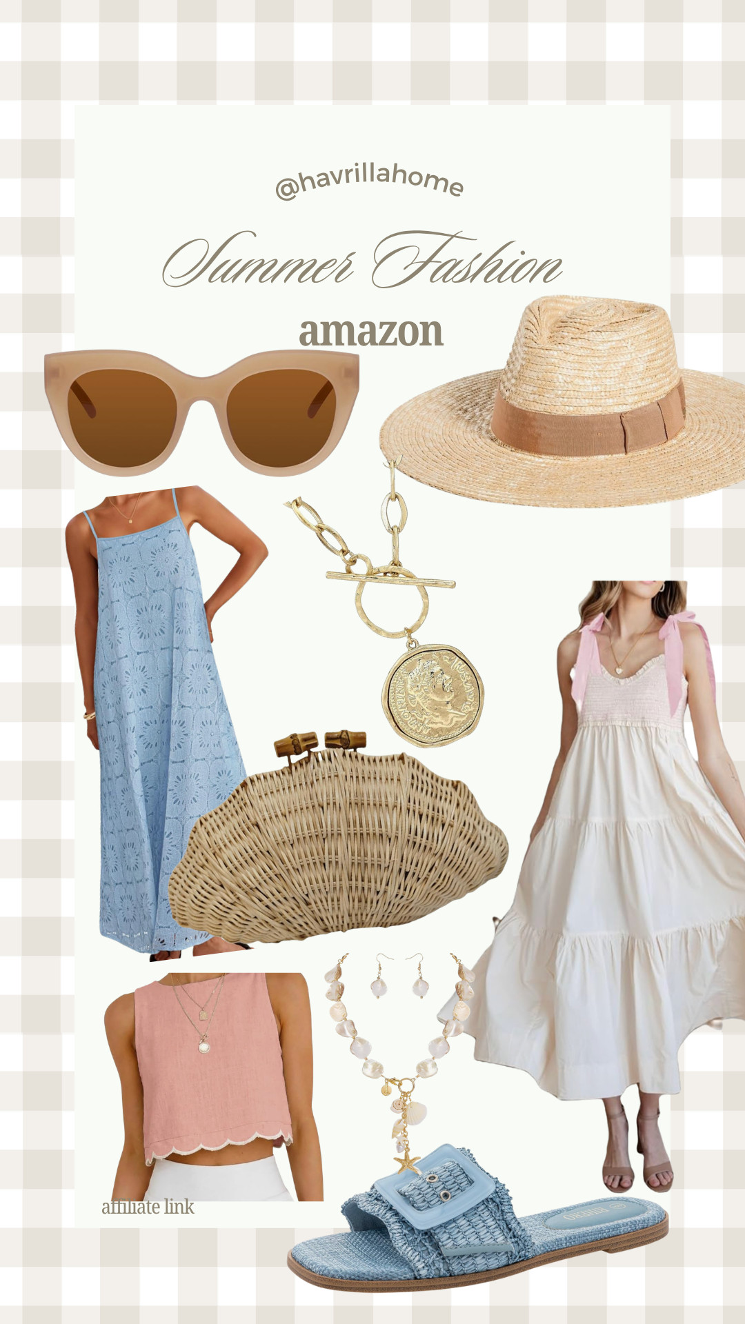 Summer Fashion, summer fashion, Amazon fashion finds, women's summer style, summer outfit ideas, straw hat, cat eye sunglasses, woven clutch, blue summer dress, white maxi dress, pink tank top, statement necklace, pearl jewelry, blue sandals, beach outfit, vacation style, resort wear, coastal fashion, summer accessories, neutral fashion, effortless style

#LTKBeauty #LTKTravel