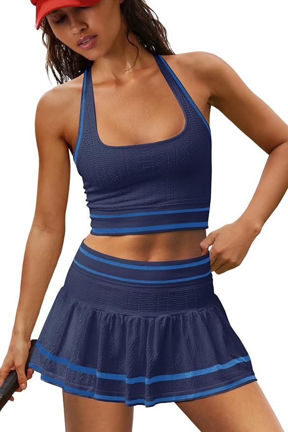 LAMISSCHE Tennis Skirt Sets Women 2 Piece Outfits Summer Yoga Skort Set Seamless Halter Top and S... | Amazon (US)
