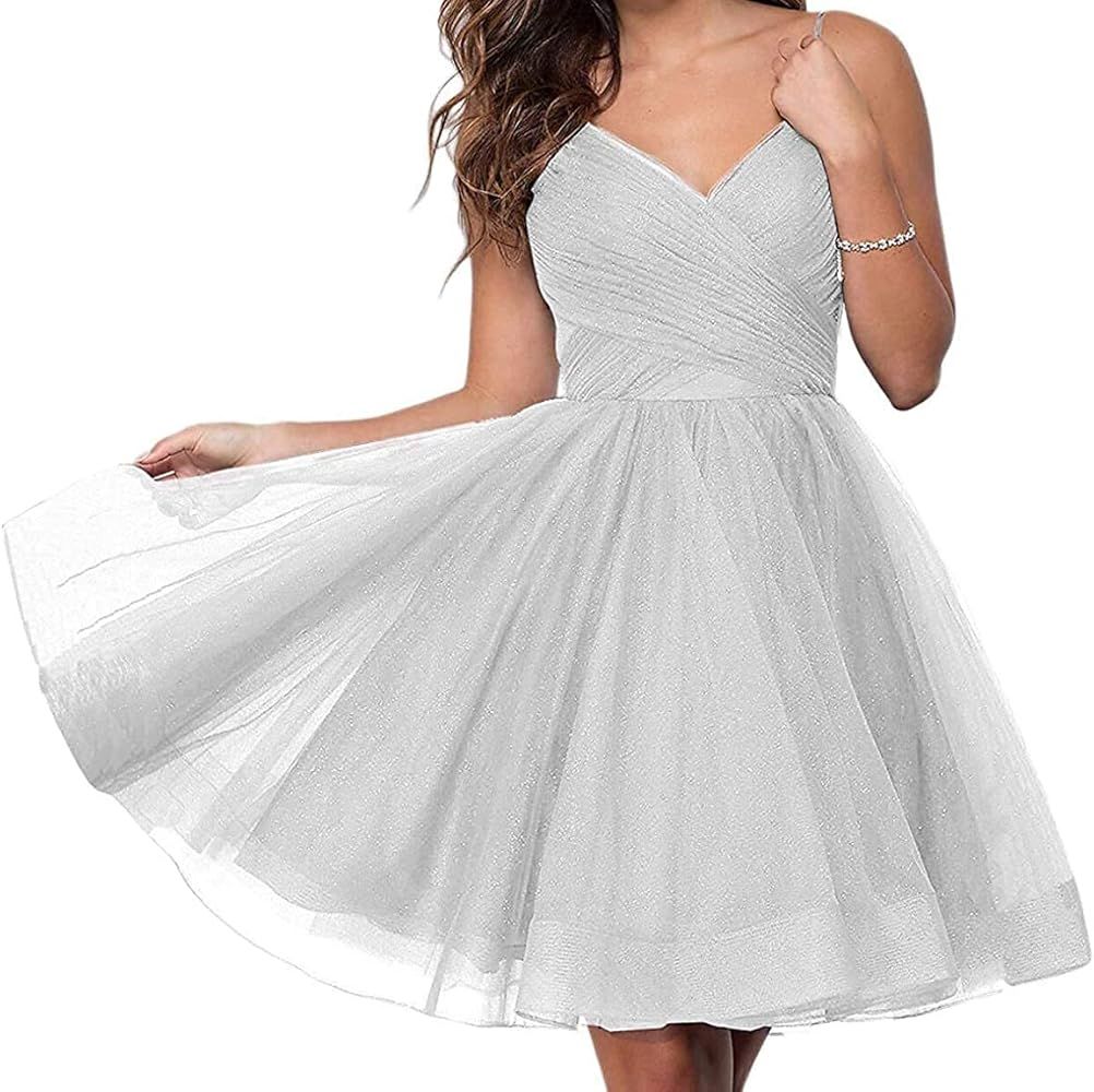 RYANTH Junior's Short Homecoming Dresses V Neck Glitter Tulle Ball Gown Short Prom Graduation Dress  | Amazon (US)