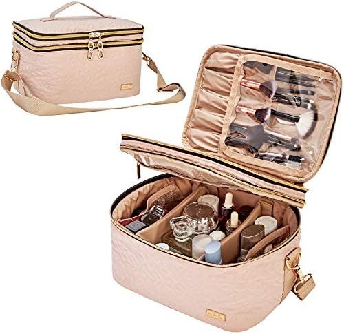 NISHEL Double Layer Travel Makeup Bag with Strap, Large Cosmetic Case Organizer Fits Bottles Vert... | Amazon (US)