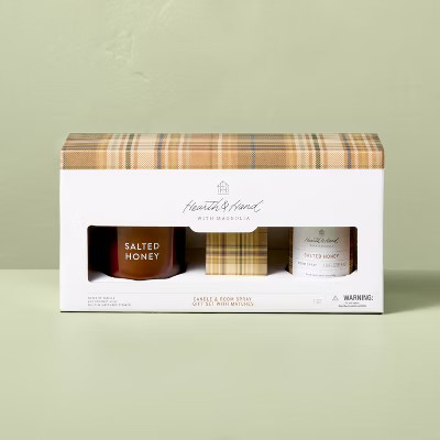 3pc Salted Honey Gift Set with 7oz Jar Candle, 3.38 fl oz Room Spray, and 5.1cm Matches - Hearth ... | Target