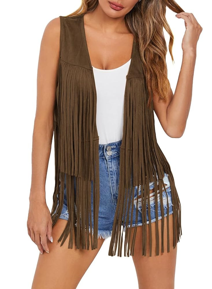 Dokotoo Womens Fringe Vest 70s Hippie Costume Sleeveless Cowgirl Western Outfits Faux Suede Tasse... | Amazon (US)