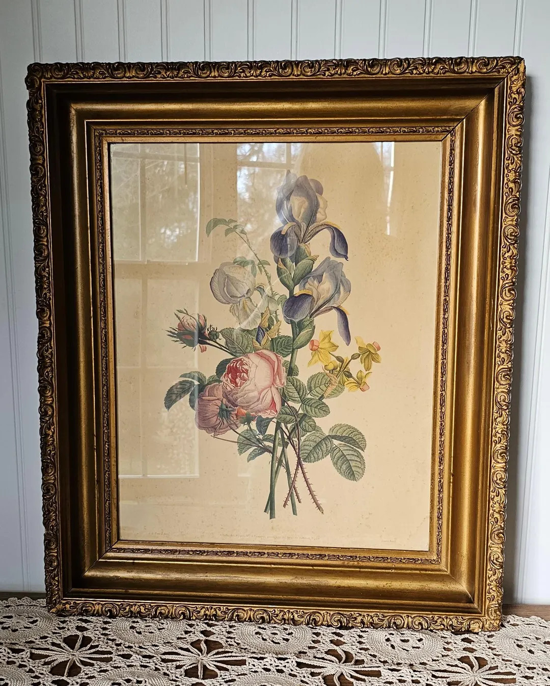 Vintage Floral Print in Large Ornate Gold Frame | Aged Botanical Print: Jean Louis Prevost | Vict... | Etsy (US)