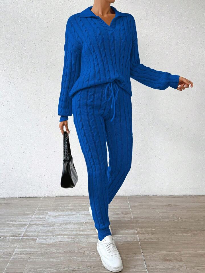 SHEIN Essnce Women'S Cable Knitted Turn-Down Collar Sweater 2pcs/Set | SHEIN